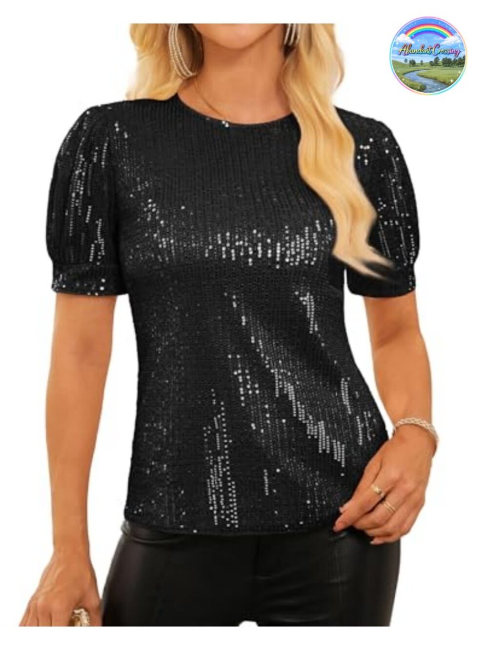 Sequin Sparkle Blouse Lantern Short Sleeve Party Concert Top